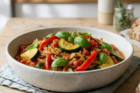 Poêlée de poivrons à l'italienne, un plat coloré de courgettes, poivrons rouges, tomates et basilic frais, servi dans un bol rustique.