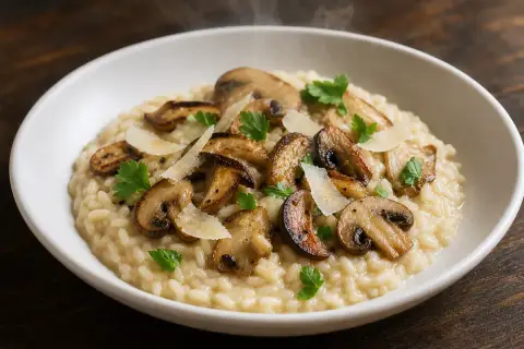 Un crémeux risotto champignon, garni de champignons poêlés, de copeaux de parmesan et de persil frais. Vapeur s'échappe.