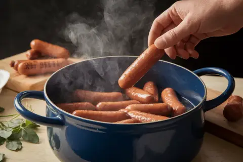 Une main ajoute une saucisse de Strasbourg dans une cocotte bleue bouillonnante. Une recette simple et savoureuse.